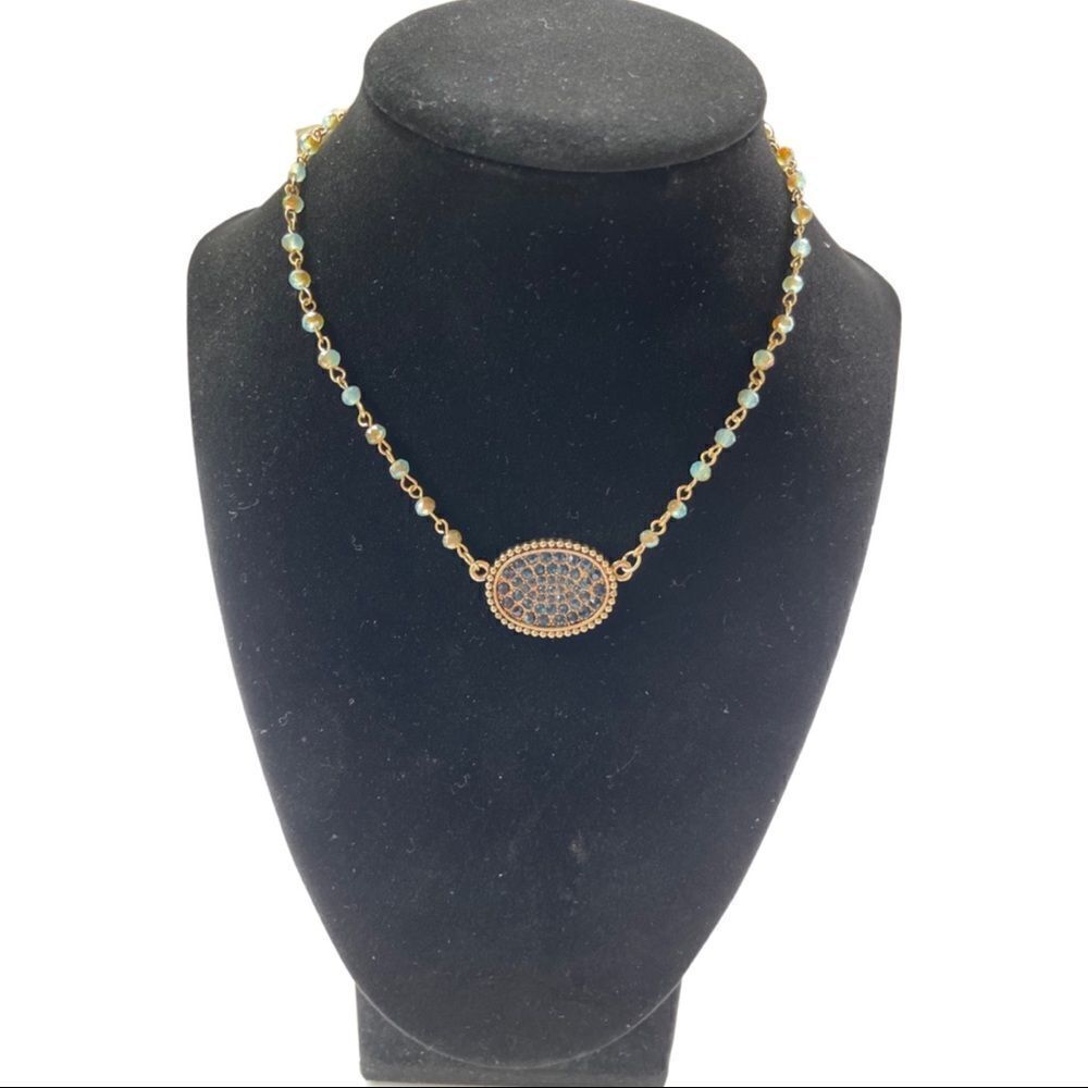 Iridescent Beaded Bronze Oval Choker w/ Solid Midnight Navy Blue Crystals • NWT